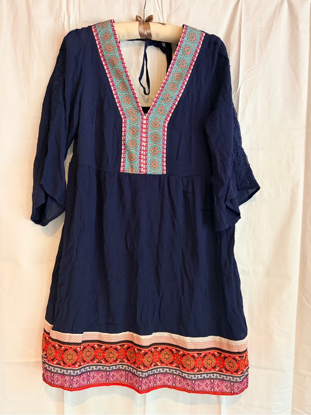 White Mark Navy Mini Dress with Multicolor Embroidered Trim